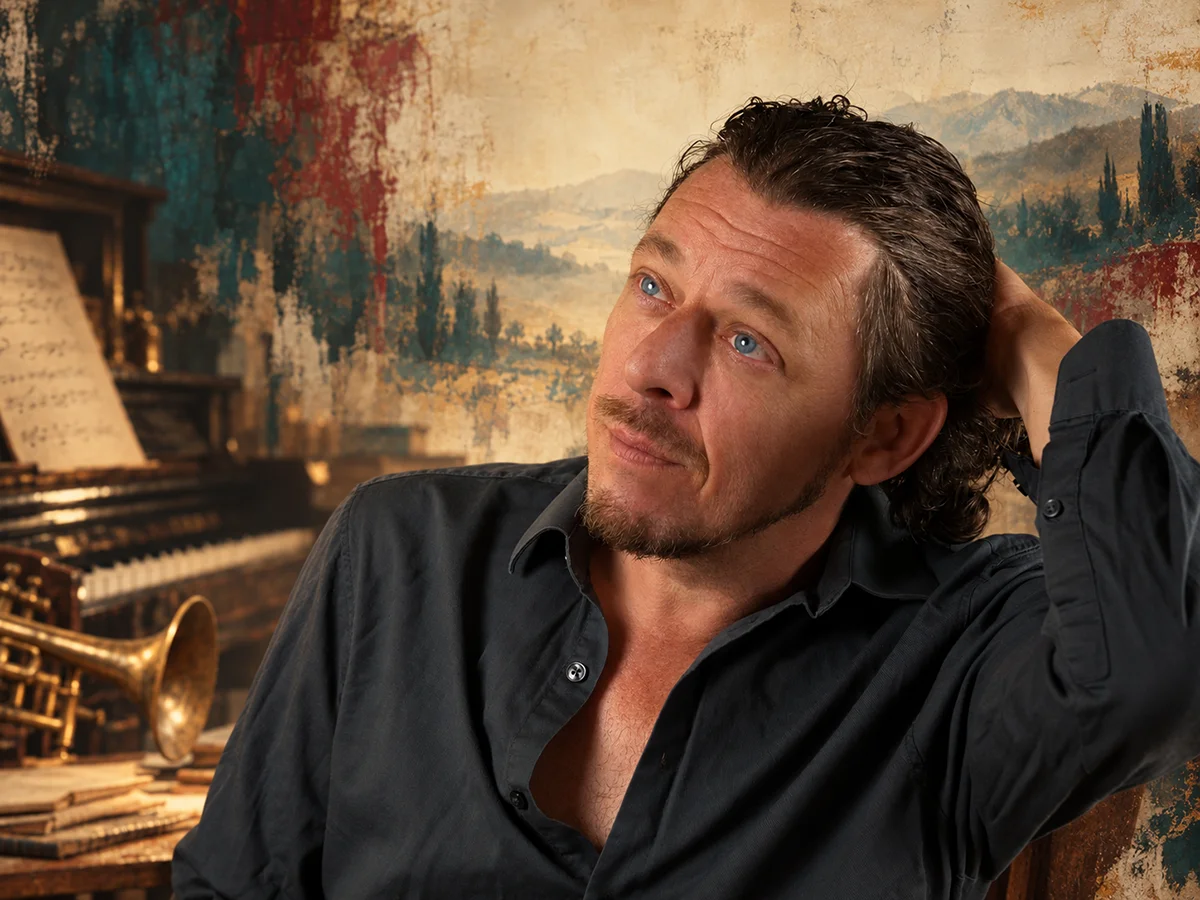 Dave Corwin beside a piano and trumpet against a painterly backdrop
